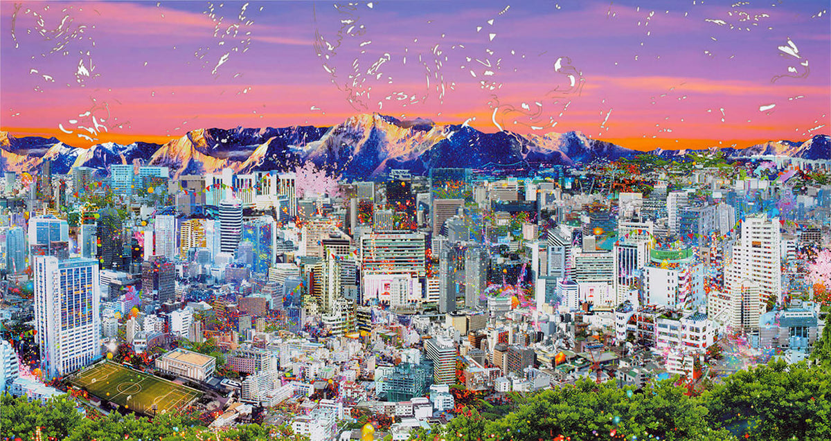 Asian cityscape print with laser cut & pink sky in a limited edition by Rebecca King