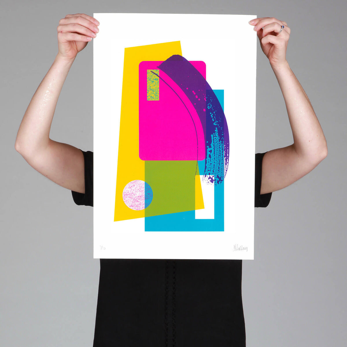 Abstract pop art screenprint in yellow, pink & blue, with purple brushstroke effect, in a limited edition by Josie Blue Molloy