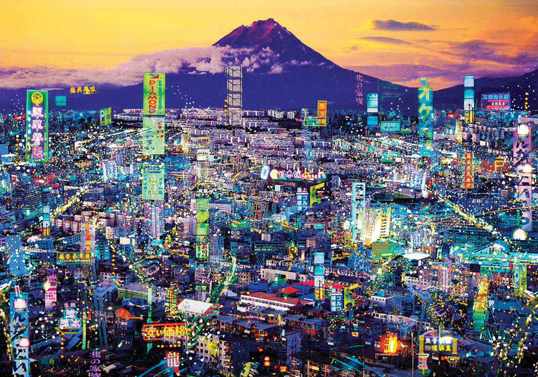 Night time cityscape print featuring Mount Fuji & Tsim She Tsui with laser cut in a limited edition by Rebecca King
