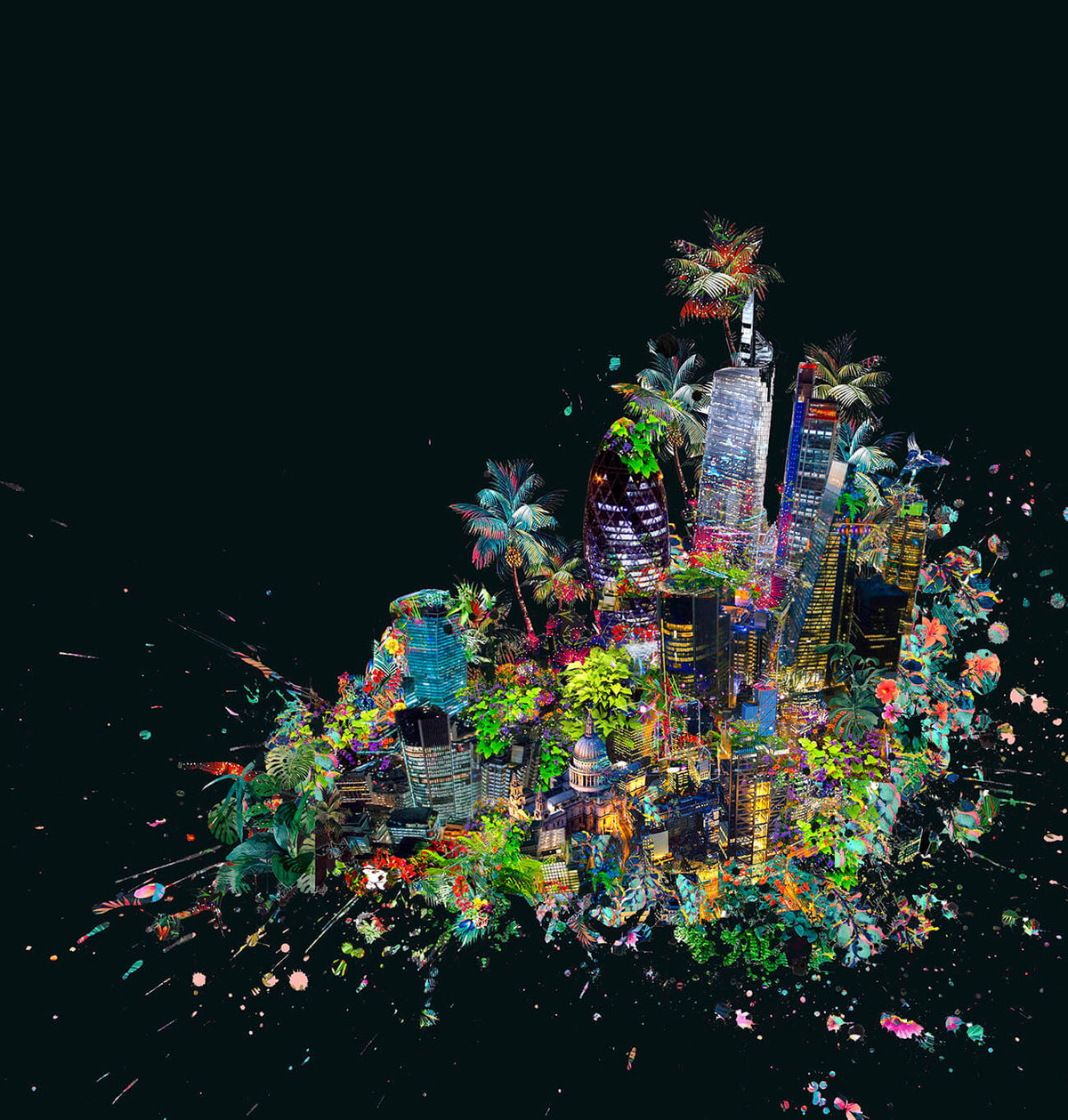 Night time cityscape print featuring City of London, St Paul's and The Gherkin with laser cut in a limited edition by Rebecca King
