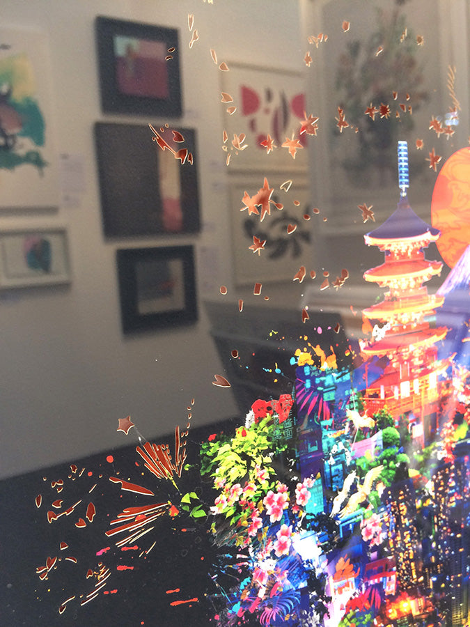 Japanese cityscape print featuring Tokyo and Mount Fuji with laser cut in a limited edition by Rebecca King