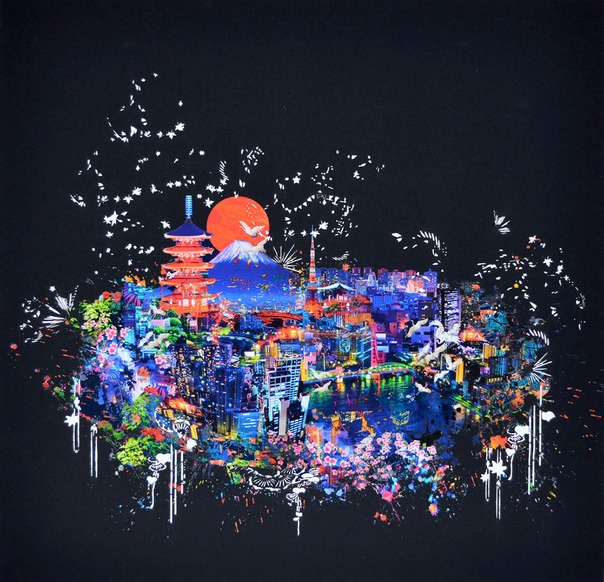 Japanese cityscape print featuring Tokyo and Mount Fuji with laser cut in a limited edition by Rebecca King