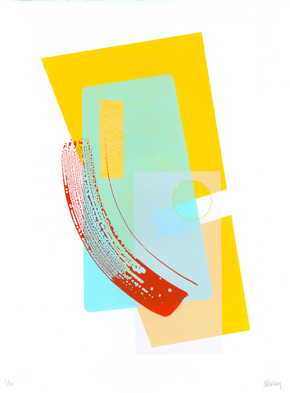 Abstract pop art screenprint in yellow & green, with red brushstroke effect, in a limited edition by Josie Blue Molloy