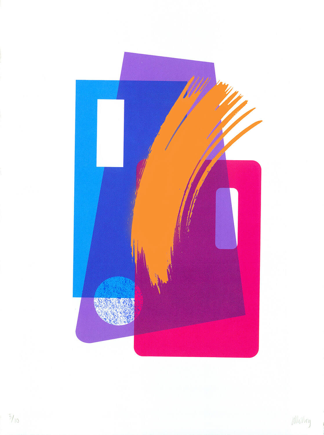 Abstract pop art screenprint in blue, purple & pink, with orange brushstroke effect, in a limited edition by Josie Blue Molloy