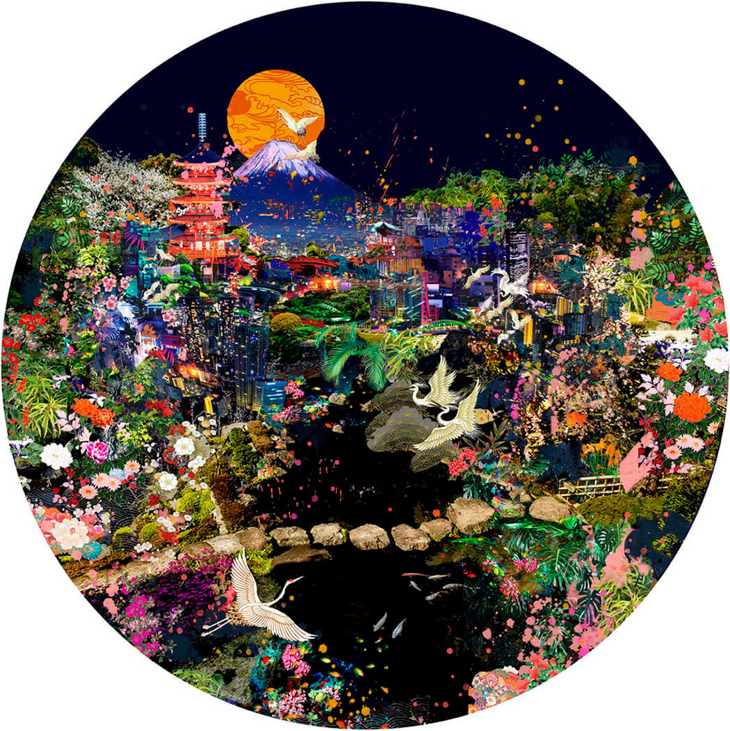 Japanese cityscape circular print featuring flora and Mount Fuji in a limited edition by Rebecca King